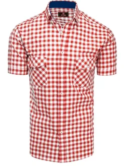 Koszule Męskie>Dstreet Biało-czerwona koszula męska z krótkim rękawem w kratkę KX0954