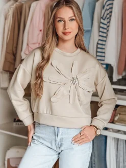 Bluzy Damskie>Dstreet Bluza damska oversize z kwiatem PETITKA jasnobeżowa BY1388