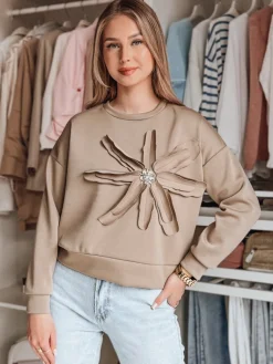 Bluzy Damskie>Dstreet Bluza damska oversize z kwiatem PETITKA mokka BY1386
