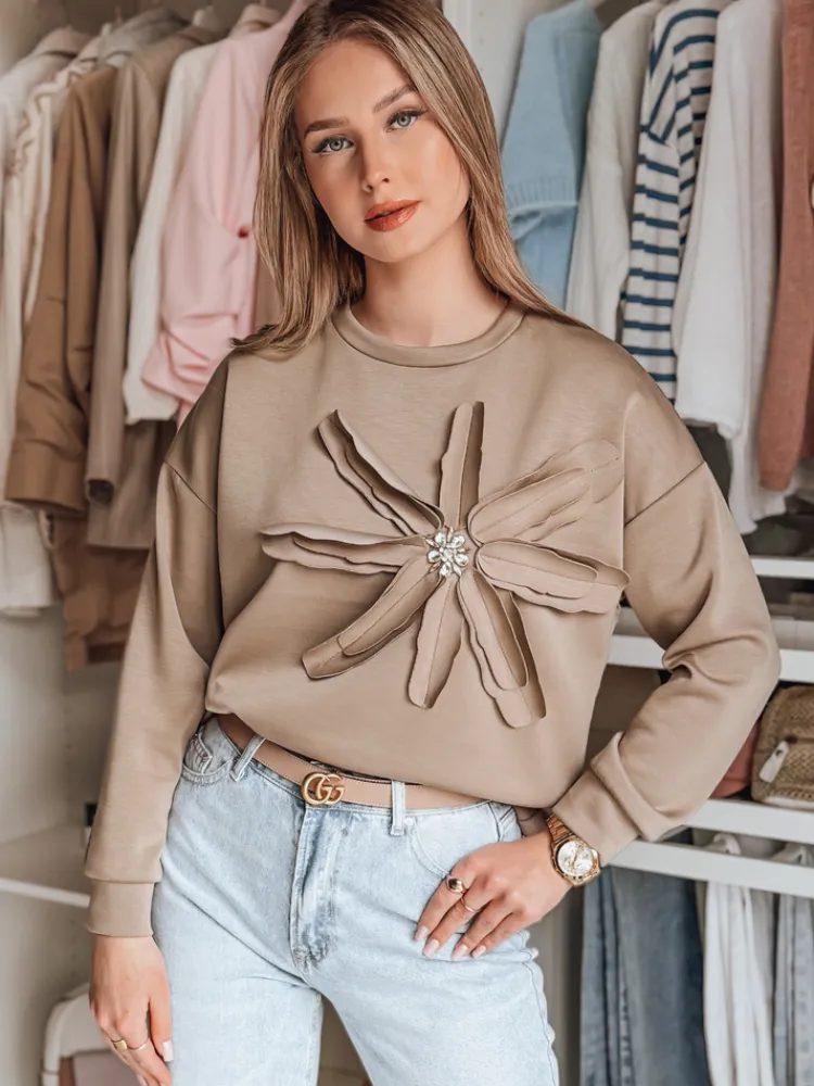 Bluzy Damskie>Dstreet Bluza damska oversize z kwiatem PETITKA mokka BY1386