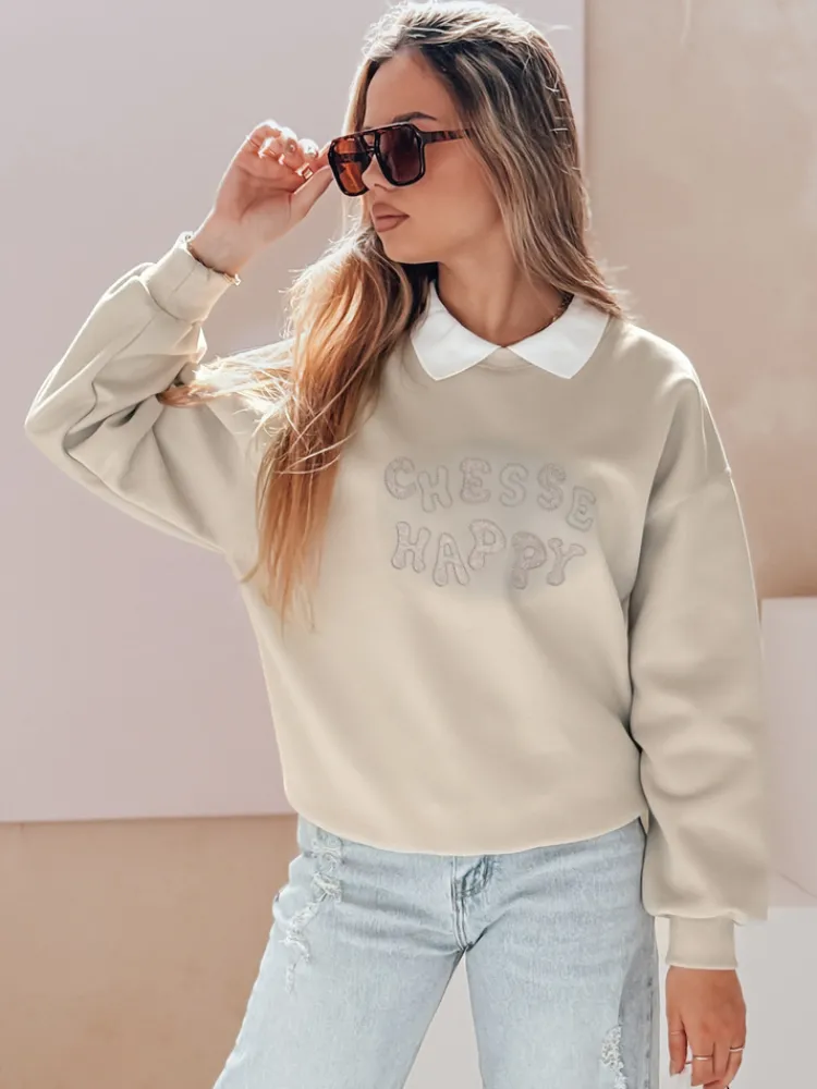 Bluzy Damskie>Dstreet Bluza damska oversize z nadrukiem HAPIRES cappuccino BY1483