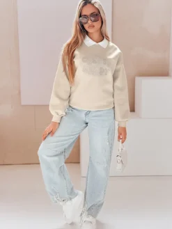 Bluzy Damskie>Dstreet Bluza damska oversize z nadrukiem HAPIRES cappuccino BY1483