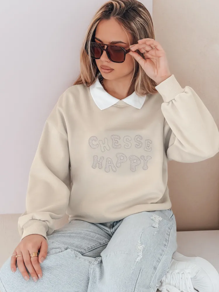 Bluzy Damskie>Dstreet Bluza damska oversize z nadrukiem HAPIRES cappuccino BY1483