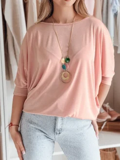 Bluzki Damskie>Dstreet Bluzka damska masełko oversize z wisiorkiem LUZVIA pudrowy róż RY2774