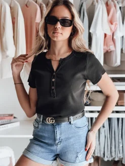 Bluzki Damskie>Dstreet Bluzka damska one size prążkowana KISS LOOK czarna RY2833