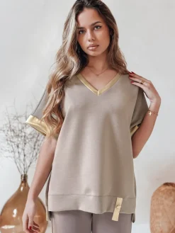 Bluzki Damskie>Dstreet Bluzka damska oversize SHINE LOVE mokka RY2911