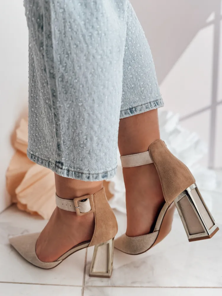 Szpilki>Dstreet Czółenka damskie na wysoki słupku ELEHILL khaki ZY0778