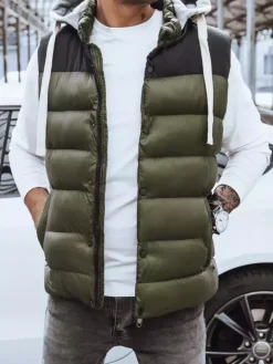 Kamizelki Męskie>Dstreet Kamizelka męska z kapturem zielona TX3935z