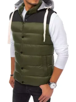 Kamizelki Męskie>Dstreet Kamizelka męska z kapturem zielona TX3935