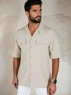 Koszule Męskie>Dstreet Koszula męska z krótkim rękawem beżowa KX1087