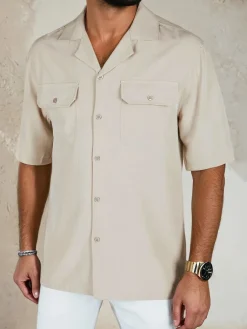 Koszule Męskie>Dstreet Koszula męska z krótkim rękawem beżowa KX1087