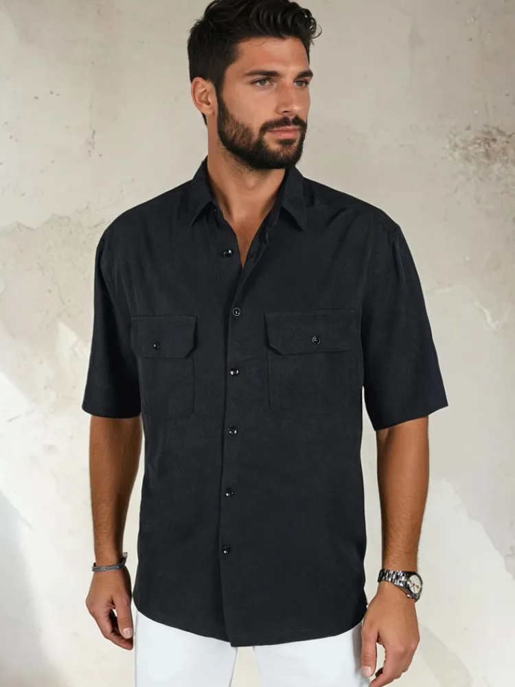 Koszule Męskie>Dstreet Koszula męska z krótkim rękawem czarna KX1080