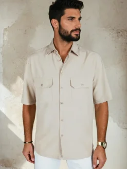 Koszule Męskie>Dstreet Koszula męska z krótkim rękawem beżowa KX1082