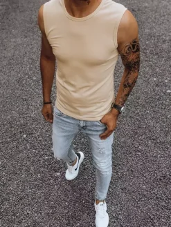 Koszulki Męskie>Dstreet Koszulka bez rękawów męska bez nadruku beżowa RX4918
