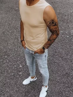 Koszulki Męskie>Dstreet Koszulka bez rękawów męska bez nadruku beżowa RX4918