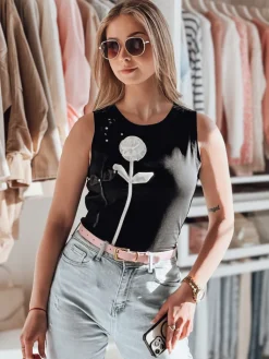 T-Shirty Damskie>Dstreet Koszulka damska na ramiączkach w kwiaty PETITO czarny RY2731