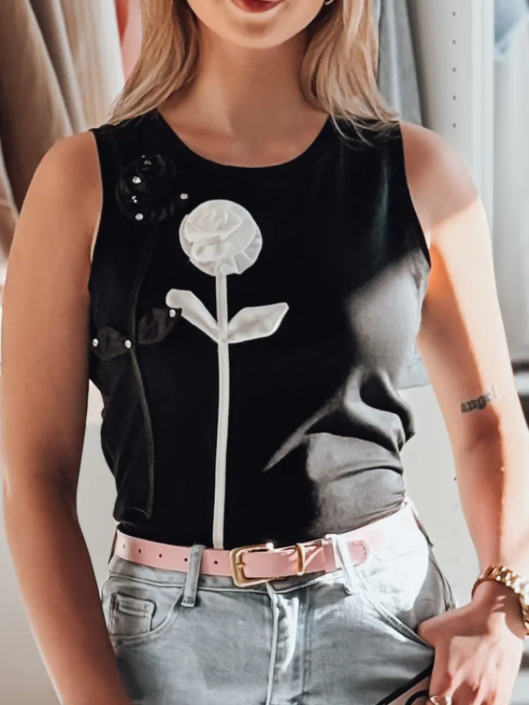 T-Shirty Damskie>Dstreet Koszulka damska na ramiączkach w kwiaty PETITO czarny RY2731