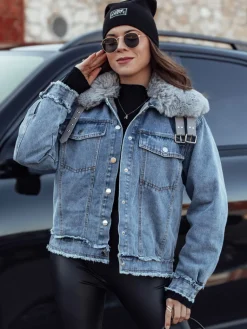 Kurtki Damskie>Dstreet Kurtka damska FURDENIM jeansowa z futerkiem jasnoniebieska TY4755