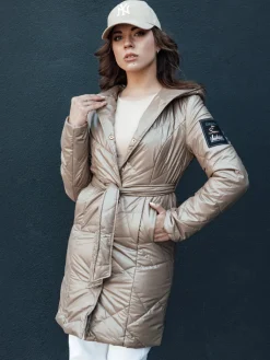 Płaszcze Damskie|Kurtki Damskie>Dstreet Kurtka damska pikowana długa z kapturem PAUL beżowa TY4411