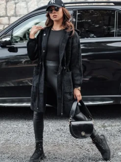 Płaszcze Damskie>Dstreet Płaszcz damski długi z kapturem MELBY czarny NY0671