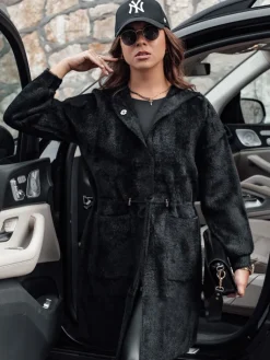 Płaszcze Damskie>Dstreet Płaszcz damski długi z kapturem MELBY czarny NY0671