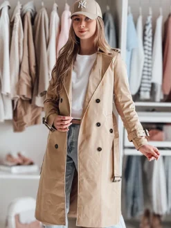 Płaszcze Damskie>Dstreet Płaszcz damski długi z paskiem SLIMFOTA kamelowy NY0746