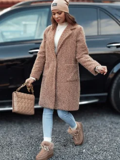 Płaszcze Damskie>Dstreet Płaszcz damski MOODLAY baranek długi beżowy NY0726