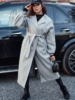 Płaszcze Damskie>Dstreet Płaszcz damski OPULENA długi z paskiem szary NY0718