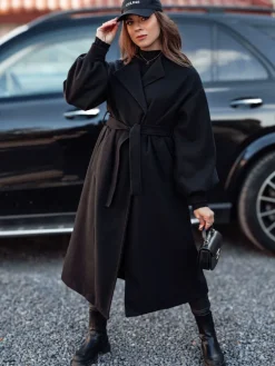 Płaszcze Damskie>Dstreet Płaszcz damski OPULENA długi z paskiem czarny NY0719