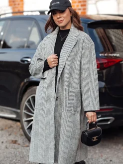 Płaszcze Damskie>Dstreet Płaszcz damski oversize AVELINNI długi w jodełkę szary NY0701