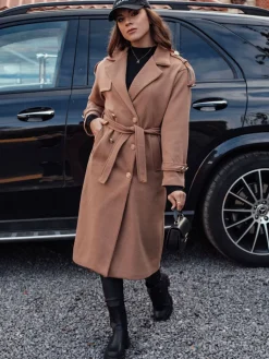 Płaszcze Damskie>Dstreet Płaszcz damski oversize GALLERIA długi wiązany w pasie kamelowy NY0735