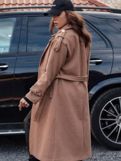 Płaszcze Damskie>Dstreet Płaszcz damski oversize GALLERIA długi wiązany w pasie kamelowy NY0735