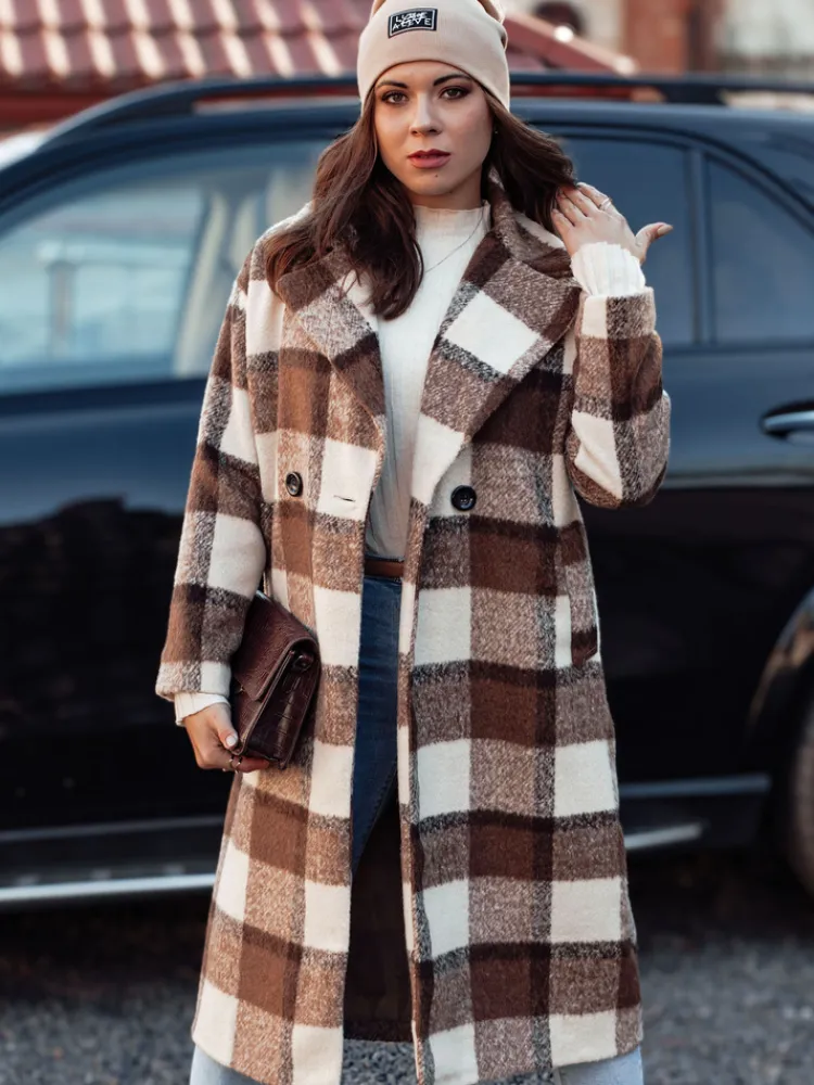 Płaszcze Damskie>Dstreet Płaszcz damski oversize MARIZZI długi w kratę beżowo-brązową NY0717