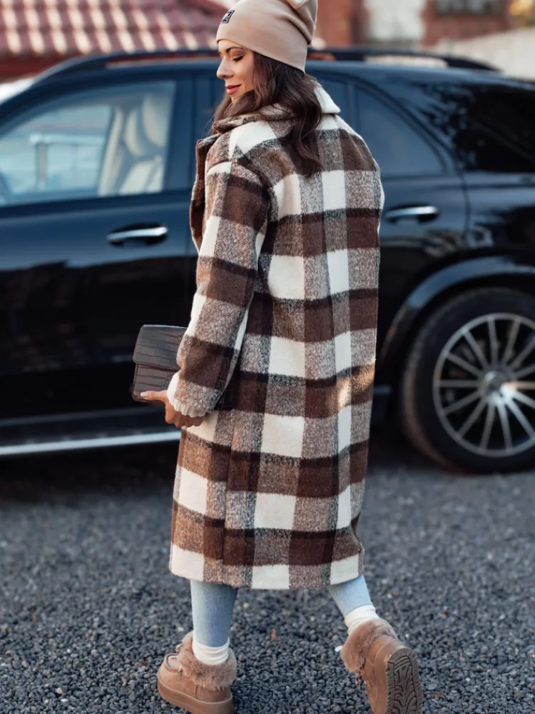 Płaszcze Damskie>Dstreet Płaszcz damski oversize MARIZZI długi w kratę beżowo-brązową NY0717