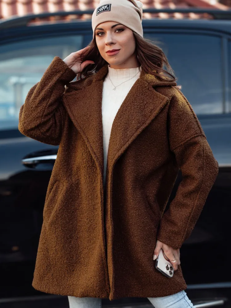 Płaszcze Damskie>Dstreet Płaszcz damski PLUSHLINE baranek długi czekoladowy NY0712