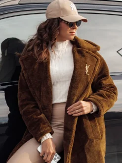 Kożuszki Damskie|Płaszcze Damskie>Dstreet Płaszcz damski zimowy GLAMFUR długi futerkowy kamelowy TY4699