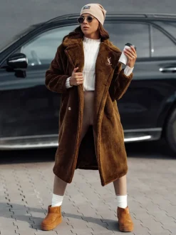 Kożuszki Damskie|Płaszcze Damskie>Dstreet Płaszcz damski zimowy LUXERII długi futerkowy kamelowy TY4690