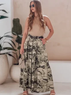 Spodnie Damskie>Dstreet Spódnico-spodnie moro z paskiem FLOWES jasnozielone UY2562