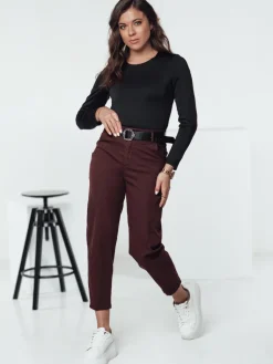 Spodnie Damskie>Dstreet Spodnie damskie chinos CHINSOUL z paskiem bordowe UY2273