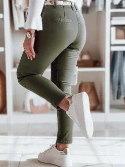 Spodnie Damskie>Dstreet Spodnie damskie materiałowe chinosy z paskiem ROSSALI oliwkowe UY2596