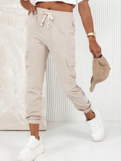 Spodnie Damskie>Dstreet Spodnie damskie prążkowane CHICCORD beżowe UY2174