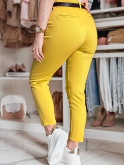 Spodnie Damskie>Dstreet Spodnie damskie slim fit z paskiem TAIRONIK musztardowe UY2539