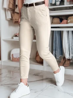 Spodnie Damskie>Dstreet Spodnie damskie slim fit z paskiem TAIRONIK jasnobeżowe UY2546