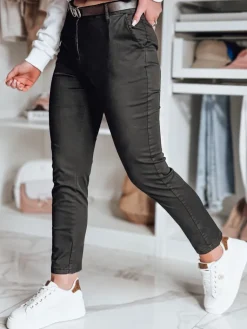 Spodnie Damskie>Dstreet Spodnie damskie slim fit z paskiem LINESKA khaki UY2576