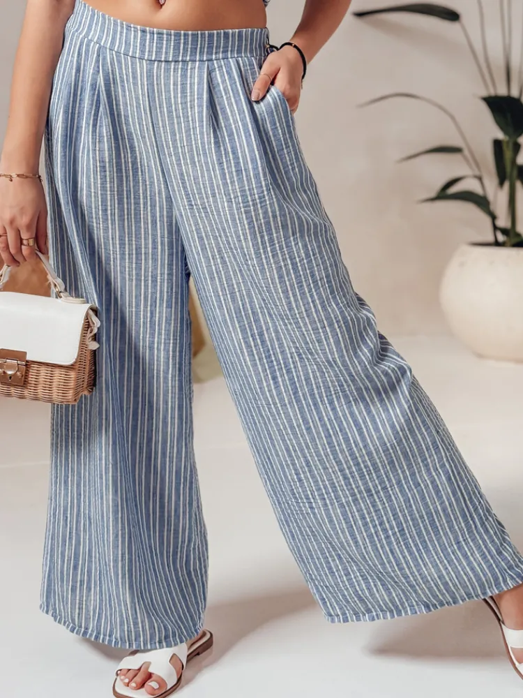 Spodnie Damskie>Dstreet Spodnie damskie wide leg w paski MODERESS niebieskie UY2696