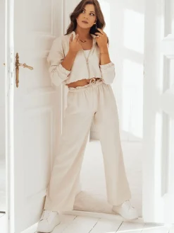 Wyjątkowe Okazje|Spodnie Damskie>Dstreet Spodnie damskie wide leg MADDIE jasnobeżowe UY1832