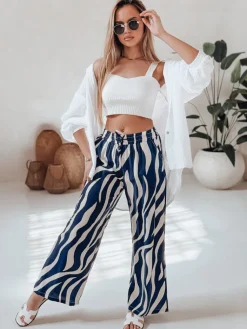 Spodnie Damskie>Dstreet Spodnie damskie wide leg w paski ZEBRAVIBE granatowo-beżowe UY2654