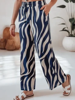 Spodnie Damskie>Dstreet Spodnie damskie wide leg w paski ZEBRAVIBE granatowo-beżowe UY2654