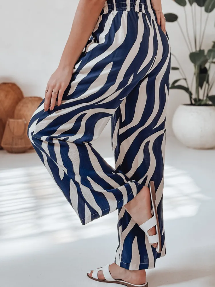 Spodnie Damskie>Dstreet Spodnie damskie wide leg w paski ZEBRAVIBE granatowo-beżowe UY2654