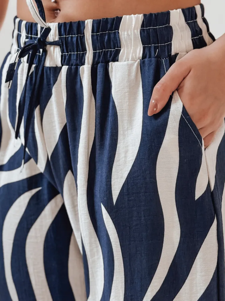 Spodnie Damskie>Dstreet Spodnie damskie wide leg w paski ZEBRAVIBE granatowo-beżowe UY2654